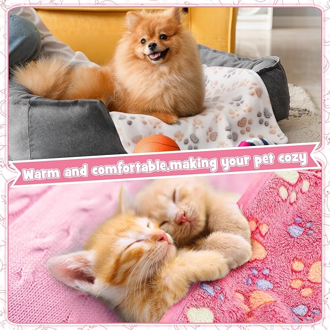 Tegeme 12 Pieces Pet Blanket Soft Fleece Dog Fluffy Doggie Warm Felt Throw Spring Paw Print Puppy Kitten Sleep Mat Bed Covers for Cat (23 x 16 Inch,Pink,Beige,Camel)