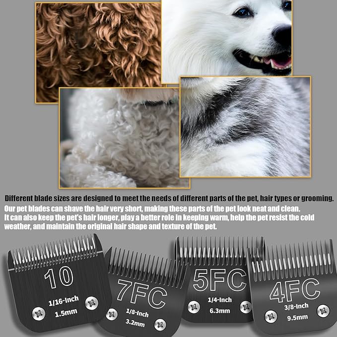 4 Pack Detachable Dog Grooming Steel Blades with Blade case Holder,Compatible with Andis,Oster A5,Wahl KM-10 Series,Cutting Length 1/16" to 3/8"(10+7FC+5FC+4FC-Black)