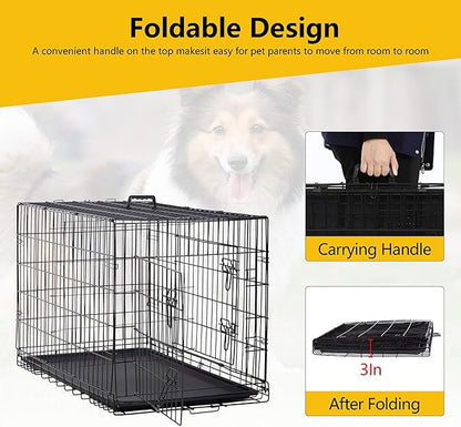 24/7 Shop at Home Gossamer Metal Double Door Folding Wire Pet Crate with Divider, Removable Tray, and Handle for Outdoor and Indoor Medium Dog, 48-inch, Black