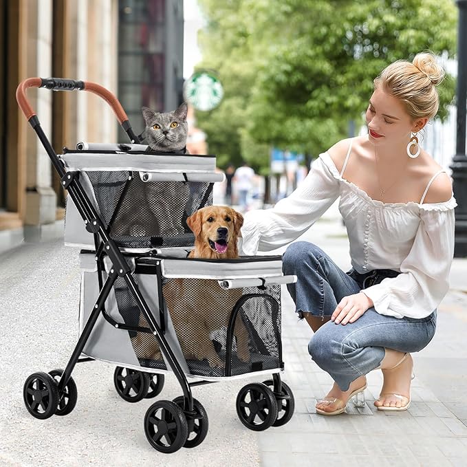 Double Pet Stroller for Dogs and Cats, One-Hand Folding Dog Stroller Travel Carriage for Small Medium Dogs Cats, 4 Wheels, Gray