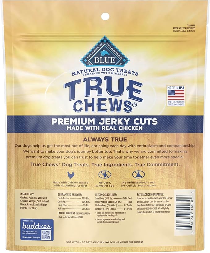 Blue Buffalo True Chews Premium Jerky Cuts Dog Treats, Made in the USA with Natural Ingredients, Chicken, 12-oz Bag