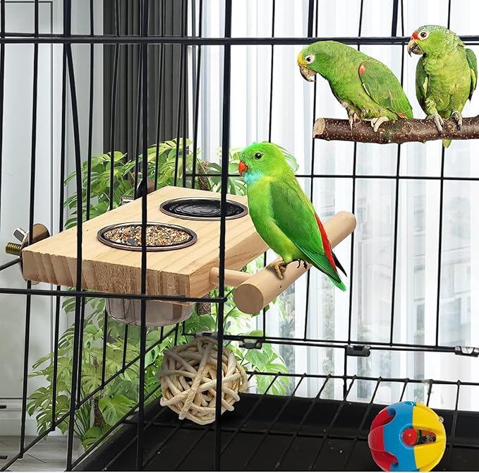 Tfwadmx Bird Feeding Dish Cups with Wooden Platform Hanging Stainless Steel Parrot Cage Feeder Bowl Wood Perch Stand for Parakeet Cockatiels Lovebirds Budgie (Small)