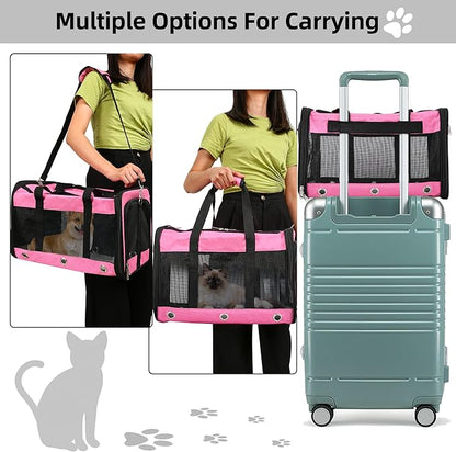 Soft Sided Cat/Dog Carrier,Collapsible Pets Travel Carriers for Pet/Puppy with Shoulder Strap & Removable Mat,Mesh Top Load Small Dogs/Cats Carry Bag Up to 25 Lbs（Pink,L）