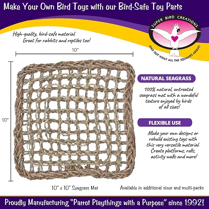 Super Bird Creations SB50004 Seagrass Mat for Cage Decor, Pet Enrichment and Boredom Relief - Versatile Toy-Making Base - Ideal for Parrots - Small to Large Birds & Reptiles - 10"x10" (3 Pack)
