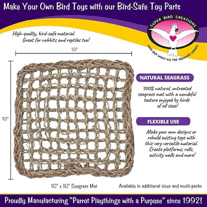 Super Bird Creations SB50004 Seagrass Mat for Cage Decor, Pet Enrichment and Boredom Relief - Versatile Toy-Making Base - Ideal for Parrots - Small to Large Birds & Reptiles - 10"x10" (3 Pack)