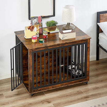 Furniture Dog Crate with Pull-Out Bowls, Wood Dog Kennel End Table with Wheels & Flip-Top, Indoor Pet House for Small to Medium Dogs/Cats, Simple Assembly Brown 43.7" W x 30" D x 33.7" H