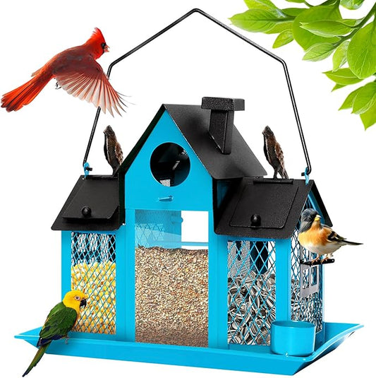 Solar Bird Feeders House for Outdoors Hanging, 7LBS Large Capacity Metal Wild Bird Feeder Squirrel Proof for Outside with Water Cup, Cardinal Birdfeeder Birdhouses Gift for Bird Lovers (Blue)