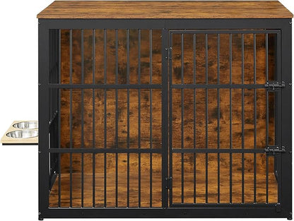 Dog Crate Furniture, 48 Inch Dog Kennel Furniture, Wooden Dog Crate Furniture Large Breed with Rotating Bowls, Heavy Duty Dogs Cage Furniture Indoor, Decorative Crates End Table, Brown