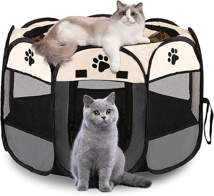 Portable Dog Playpen, Pet Play Pen for Indoor Outdoor Cat, Kitten/Puppy Exercise Playpen Tent Birthing Box, Waterproof Travel Dog Kennel Camping Cage for Small Medium Dog Animal House (Grey)