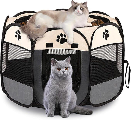 Portable Dog Playpen, Pet Play Pen for Indoor Outdoor Cat, Kitten/Puppy Exercise Playpen Tent Birthing Box, Waterproof Travel Dog Kennel Camping Cage for Small Medium Dog Animal House (Grey)