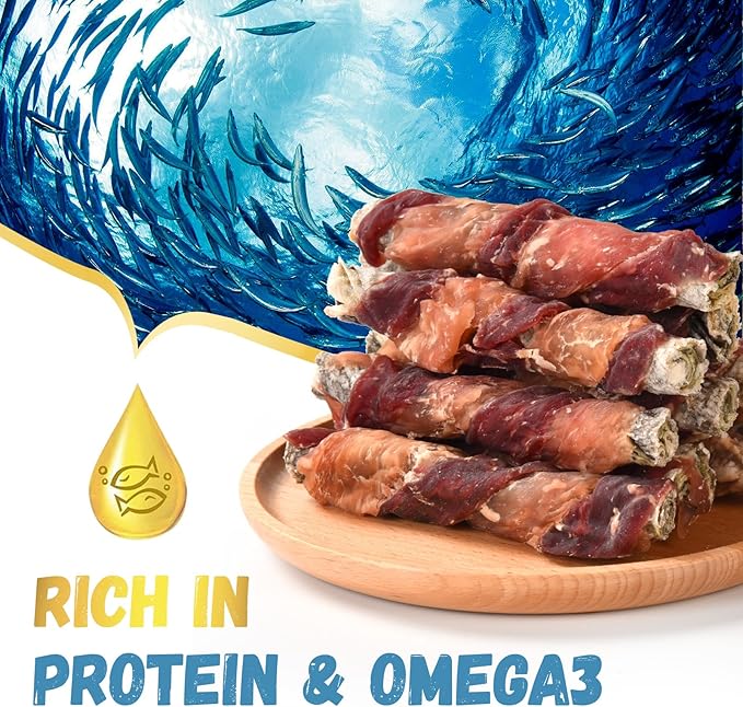 Dog Treats, Chicken Duck Wrapped Cod Skin Sticks Rawhide-Free Grain-Free Dog Chewy Treats for Dog Healthy Teeth and Coat Training Treats for Small Medium Large Dog 9-10 Counts