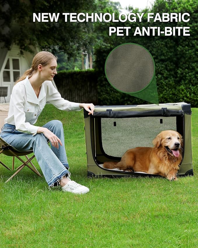 36 Inch Collapsible Travel Dog Crate for Medium Large Dogs, Portable Dog Crate 4-Door Foldable Soft Kennel with Chew-Proof Mesh Windows for Indoor & Outdoor Travel,with Storage Bag,Green