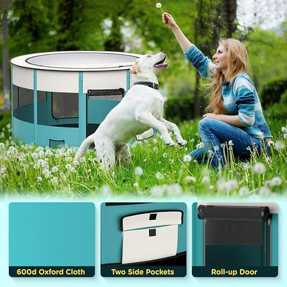 Foldable Playpen for Dogs, 110cm*110cm Waterproof Portable Dog Cat Crate Pet Exercise Kennel Tent, Puppy Kitten Cage with Shade Cover, Indoor House Outdoor Travel Use for Dog, Cat, Rabbit, Large