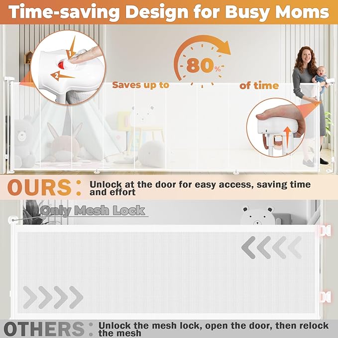 275" Retractable Baby Gates Dog Gate Extra Wide, 52" Tall Child Pet Safety Gate with Reinforced Strips for Stairs, Long Mesh Garage Gates Fence for Outdoor Indoor Large Openings Driveway Decks Patio