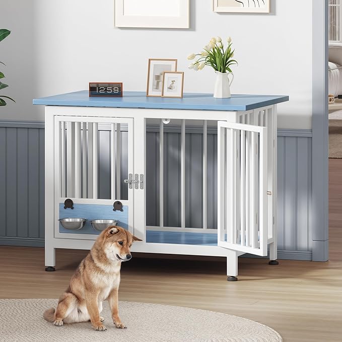 YITAHOME 39.3" Foldable Dog Crate Furniture, Portable Wooden Kennel End Table with Adjustable Feet & 360° Rotatable Bowls, Perfect for Small to Medium Dogs, Blue