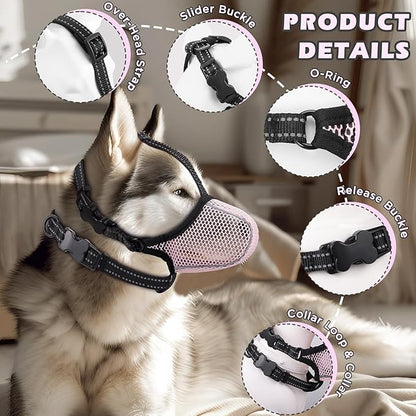 Dog Muzzle,Mesh Soft Muzzle for Small Medium Large Sized Dogs, Breathable Reflective Adjustable Puppy Muzzles with Collar for Scavenging Grooming Biting Chewing,Allows Panting and Drinking(Pink L)
