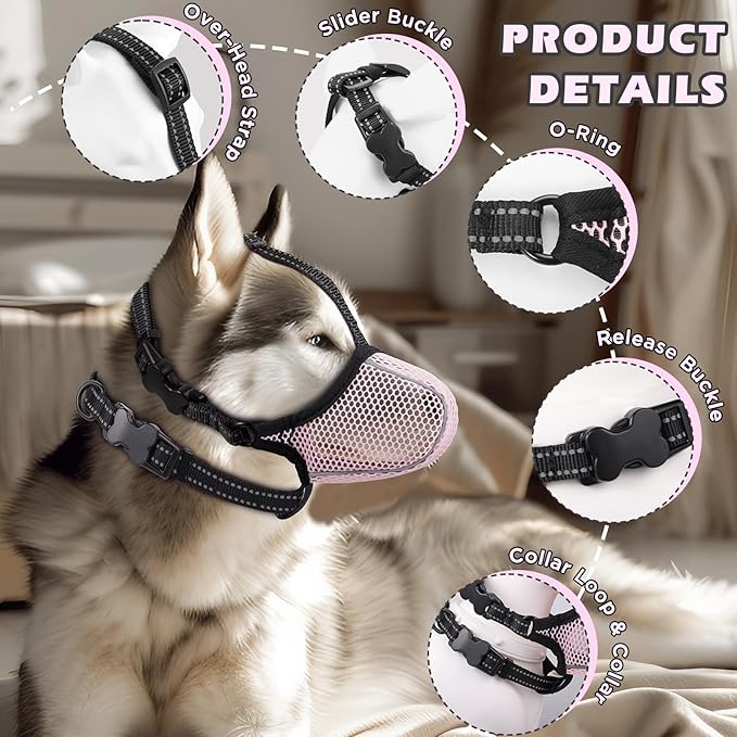 Dog Muzzle,Mesh Soft Muzzle for Small Medium Large Sized Dogs, Breathable Reflective Adjustable Puppy Muzzles with Collar for Scavenging Grooming Biting Chewing,Allows Panting and Drinking(Pink S)