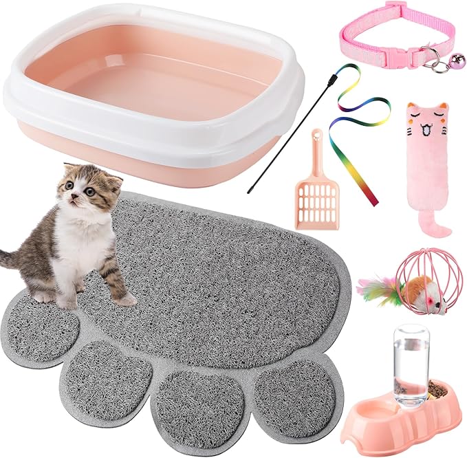 7 Pcs Small Cat Kitten Starter Kit Cat Litter Box with Shovel Paw Litter Mat Double Automatic Kitten Bowls Toy Teaser Stick Collar Essentials Kits for 1-3 Lbs Beginner(Stylish,Light Pink)