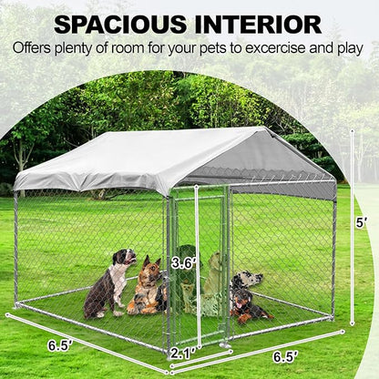 6.6 x 6.6FT Large Outdoor Dog Kennel, Anti-Rust Dog Kennel Outside with Roof, Heavy Duty Chain Link Dog Runs Cage for Outside Backy ard with Waterproof UV-Resistant Cover
