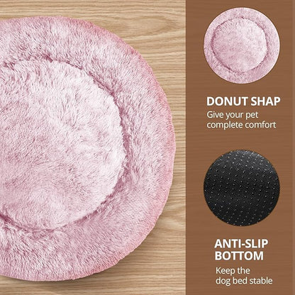 JOLLYVOGUE Donut Dog Bed for Large Dogs, Anti-Anxiety Washable Round Large Pet Bed, Calming Donut Dog Bed for Sleeping, Fluffy Dog Beds for Large Dogs, Round Bed for Indoor Pet (36"/Smoke Pink