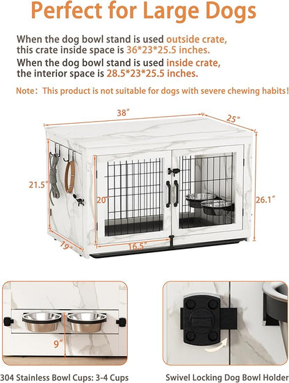 Piskyet Wooden Dog Crate Furniture with 360°Rotatable Removable Dog Bowls, Dog Crate End Table with Tray, Double Doors Dog Kennels forDogs(L:37.7" L*25.1" W*26.1" H, Marble White)