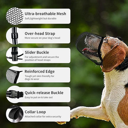 Dog Muzzle, Breathable Soft Muzzle for Small to Medium Dogs to Anti & Prevent Barking Biting Chewing, Reflective & Adjustable Basket Muzzle with Air Mesh for Schnauzer Black M