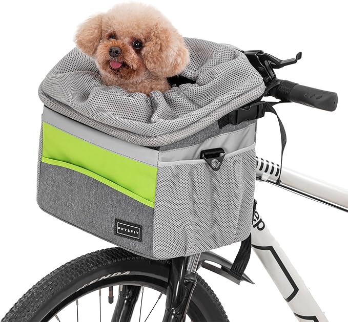 Petsfit Dog Bike Basket, Dog Booster Car Seat, Dog Car Seat for Small Dogs/Cats/Puppies with Safety Rope/Reflective Strips/Two Side Storage Pockets (Grey)