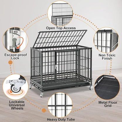 Homey Pet 37 inch Stackable Heavy Duty Dog Crate, Indestructible Escape Proof Dogs Cage Kennel with Lockable Wheels, Removable Tray & Metal Grid, Double Doors for High Anxiety Medium/Small Dogs