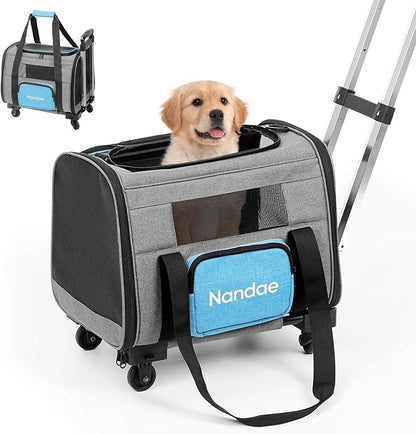 Cat Carrier with Wheels, Foldable, Airline Approved Pet Carrier for Dogs Cats Carrier Under 20 lbs, Soft Rolling Pet Carrier Travel Bag with Tie Rod for Hiking/Camping/Veterinary Visits
