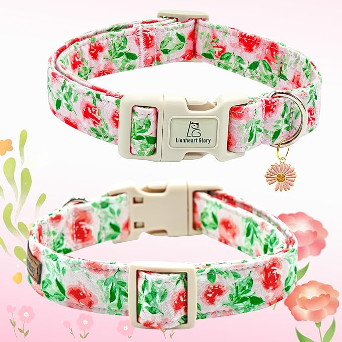 Lionheart glory Dog Collar Pink Flower Dogs Collar Summer Spring Cute Collars Dog Girl or Boy Soft Durable Adjustable Dog Collars for Medium Dogs Pet Gift