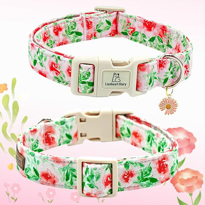 Lionheart glory Dog Collar Pink Flower Dogs Collar Summer Spring Cute Collars Dog Girl or Boy Soft Durable Adjustable Dog Collars for Medium Dogs Pet Gift