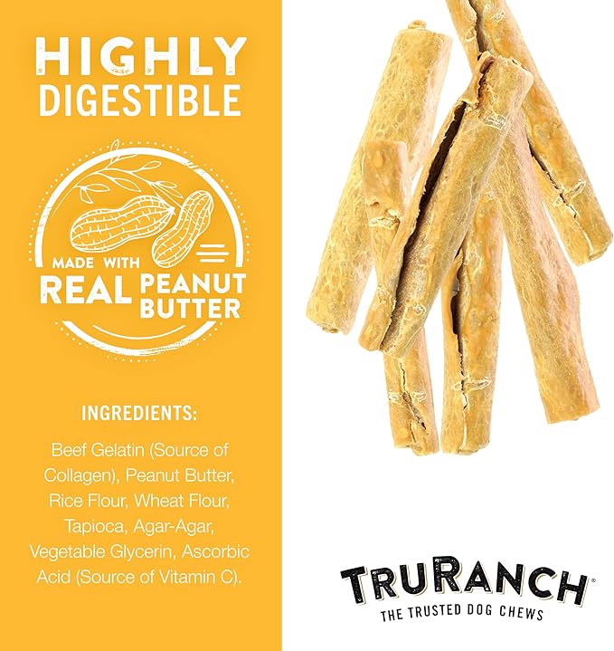 TRURANCH Collagen Rolls - 6" Collagen Rolls for Dogs - Long Lasting Healthy Joint Support Dog Treat - Rawhide Alternative - Skin & Coat Health - Made with Real Peanut Butter, 1 Bag, 4 Count