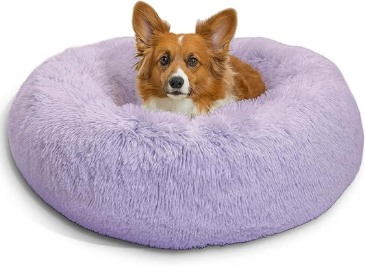 Best Friends by Sheri Original Calming Donut Dog and Cat Bed, Shag Faux Fur, Lavender, (30in x 30in) - Anxiety Relief for Pets Up to 45 lbs