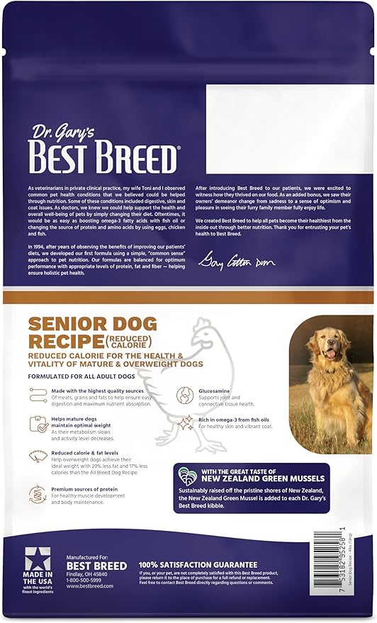 Best Breed Senior Dog Diet (Reduced Calorie) Made in USA [Natural Dry Dog Food] - 4lbs.