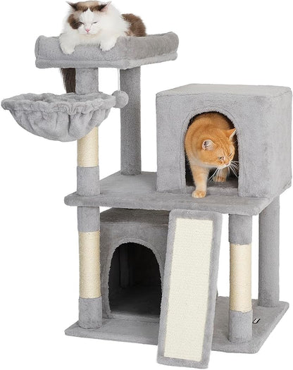 Ouritsu Cat Tree, 35 inch Cat Tower for Large Cat Indoor, 1 Widened Top Perch, 2 Enlarged Condos, Fluffy Basket, Scratching Posts and Ramp, Light Gray, MF001GA