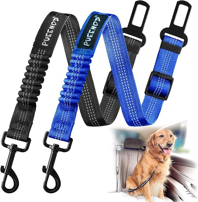 2 Pack Dog Seat Belt Adjustable Dog Car Seatbelts for Vehicle Nylon Pet Safety Seat Belt with Elastic Bungee Buffer Reflective & Durable Car Harness for Dogs (Black + Blue)