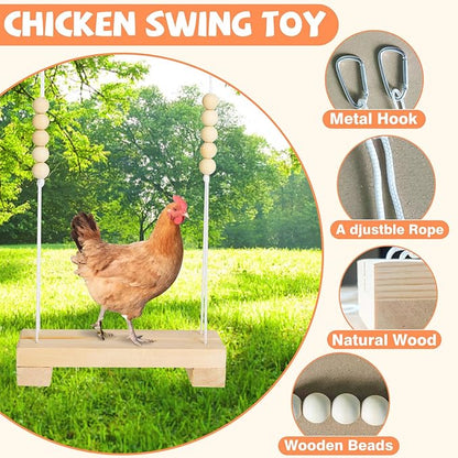 40cm Natural Wooden Chicken Swing Perch with Iron Monkey Decoration & Adurable Rope - Safe Poultry Toy for Hens, Birds with Wooden Beads & Durable Design