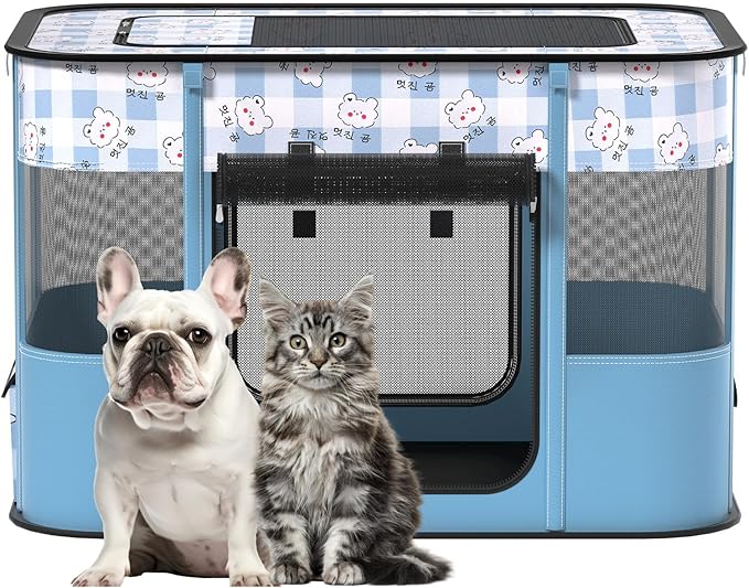 Portable Pet Playpen Cat Cages Indoor， 35.4" L x 27.6" W x 23.6" H Collapsible Dog Crates Made of 600D Oxford Material Tent Kennel Playpen for Dogs Cat and Rabbit Travel Dog Playpen Indoor (L, Blue)