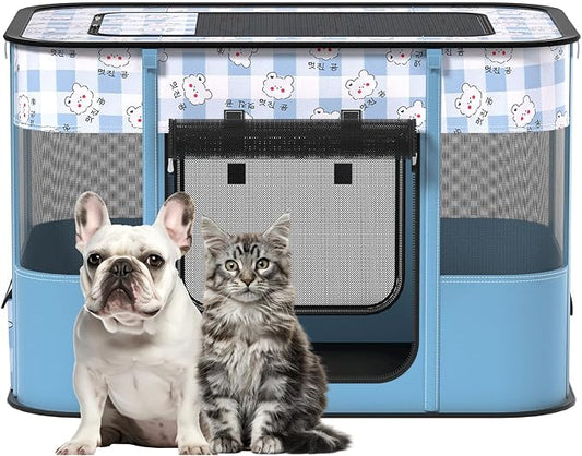 Portable Pet Playpen Cat Cages Indoor， 35.4" L x 27.6" W x 23.6" H Collapsible Dog Crates Made of 600D Oxford Material Tent Kennel Playpen for Dogs Cat and Rabbit Travel Dog Playpen Indoor (L, Blue)