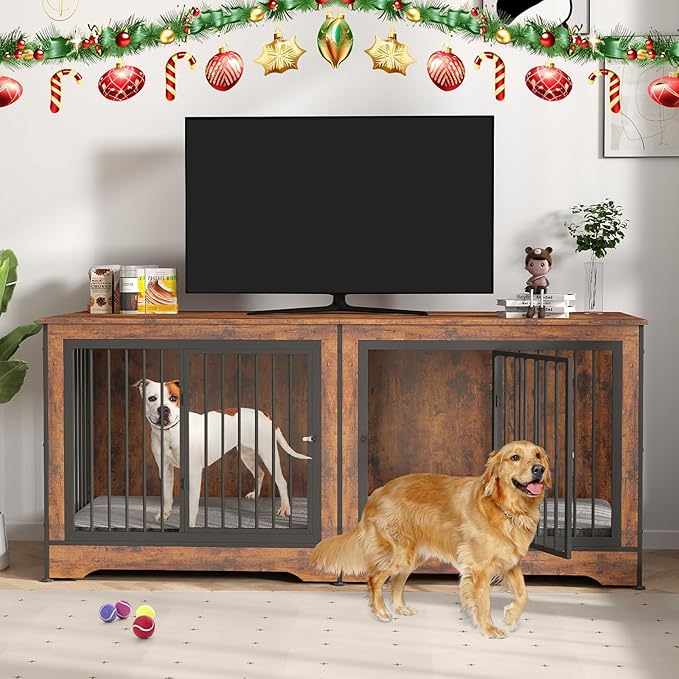 Rovibek Double Dog Crate, TV Stand, 75 Inch Dog Crate Furniture for 2 Dogs, Dog Kennel Indoor with Double Doors, Dog Cage with Removable Divider for Large Medium Dogs, Brown