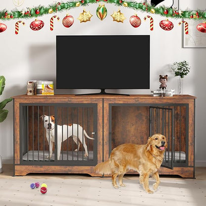Rovibek Double Dog Crate, TV Stand, 75 Inch Dog Crate Furniture for 2 Dogs, Dog Kennel Indoor with Double Doors, Dog Cage with Removable Divider for Large Medium Dogs, Brown