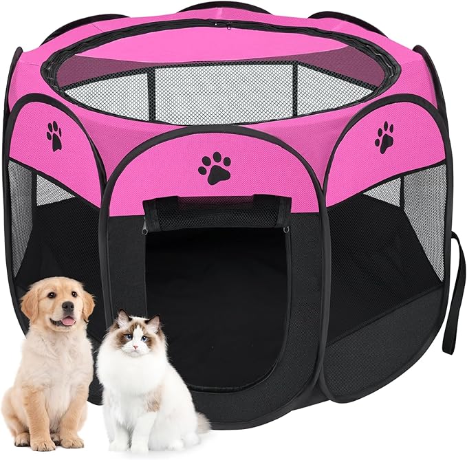 Dog playpen, Foldable Puppy Playpen, Pet Playpen Carrier Pop Up Tent 8-Panel Mesh Cover Adorable Design 600D Soft Oxford Playpen Kennel for Indoor-Outdoor Dog Cat Rabbit. (M 35" 35" 24", Rose)
