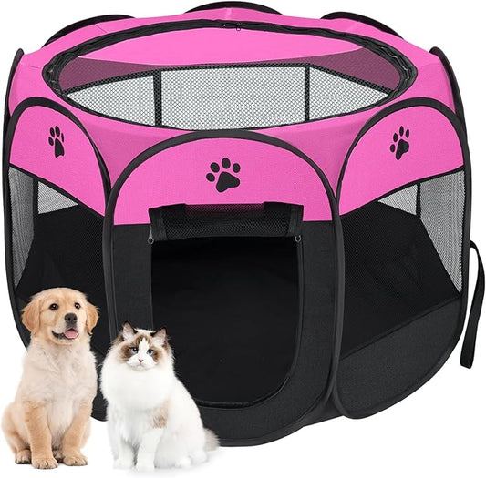 Dog playpen, Foldable Puppy Playpen, Pet Playpen Carrier Pop Up Tent 8-Panel Mesh Cover Adorable Design 600D Soft Oxford Playpen Kennel for Indoor-Outdoor Dog Cat Rabbit. (M 35" 35" 24", Rose)