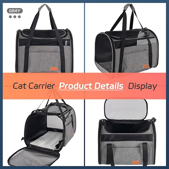 Cat Carrier for Large Cats 20 lbs, Soft Sided Breathable Mesh Cat Travel Carrier, Large Cat Carrier Airline Approved, Washable Pet Carrier for Cats Small Dogs Puppies, Foldable Cat Carrier, Gray