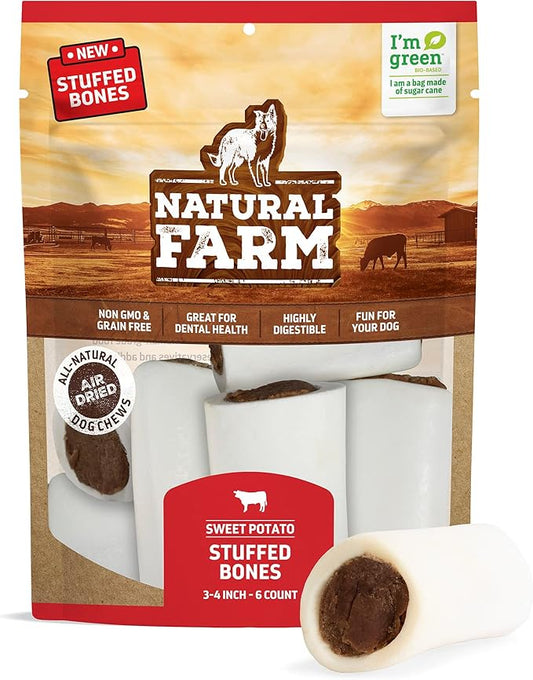Natural Farm Sweet Potato Filled Bones (3-4 Inch, 6 Pack), Limited Ingredient, Natural Stuffed Dental Dog Bone Treats for Dogs, Made with Real Beef & Sweet Potato