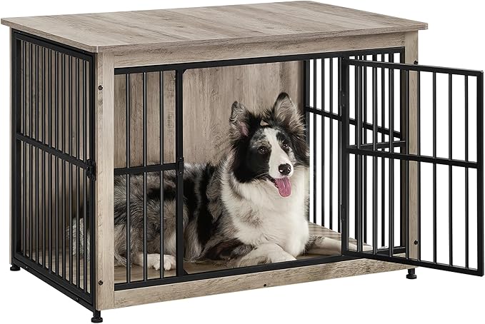 Feandrea Dog Crate Furniture, 38.6" Side End Table, Modern Kennel for Dogs Indoor up to 70 lb, Heavy-Duty Dog Cage with Enclosed Base, Double-Door Dog House, Greige UPFC023G01