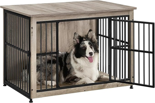 Feandrea Dog Crate Furniture, 38.6" Side End Table, Modern Kennel for Dogs Indoor up to 70 lb, Heavy-Duty Dog Cage with Enclosed Base, Double-Door Dog House, Greige UPFC023G01