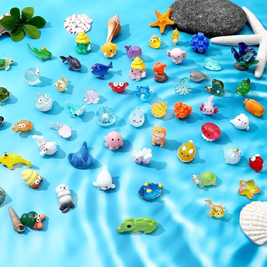 56 Pcs Ocean Mini Resin Animals Sea Tiny Animals Axolotl Seal Shark Turtle Mini Resin Figures Aquarium Ornaments Fish Tank Decorations Garden Fairy Accessories Party Favors