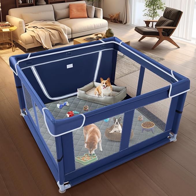 42x42 Inches Puppy Playpen with Dog Pads, Playpen for Puppies or Small Dogs, Indoor & Outdoor Use, Sturdy Safety Pen with Thickened Fabric, High-Strength Nylon Wire Mesh