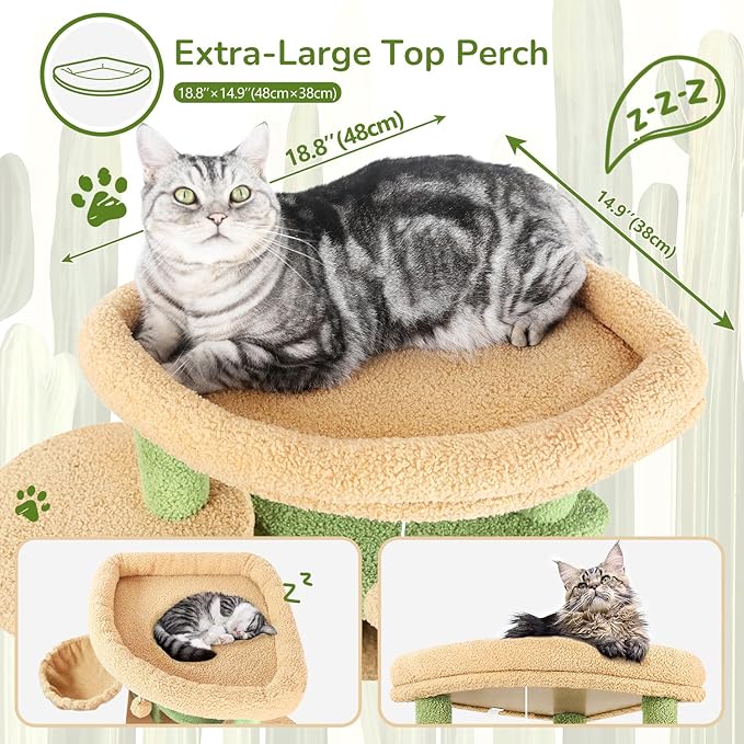 Globlazer Cactus Corner Cat Tree Tower for Large Cat, 66inch Tall Large Cat Tree Condo for Multiple Indoor Cats with 6 Scratching Posts, 2 Spacious Cat Condos, Soft Hammock, Hanging Basket, C66, Green